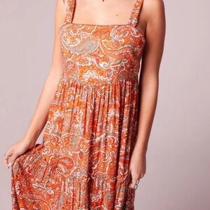 Band of the Free wide strap airy orange paisley tiered maxi sundress flowy XS